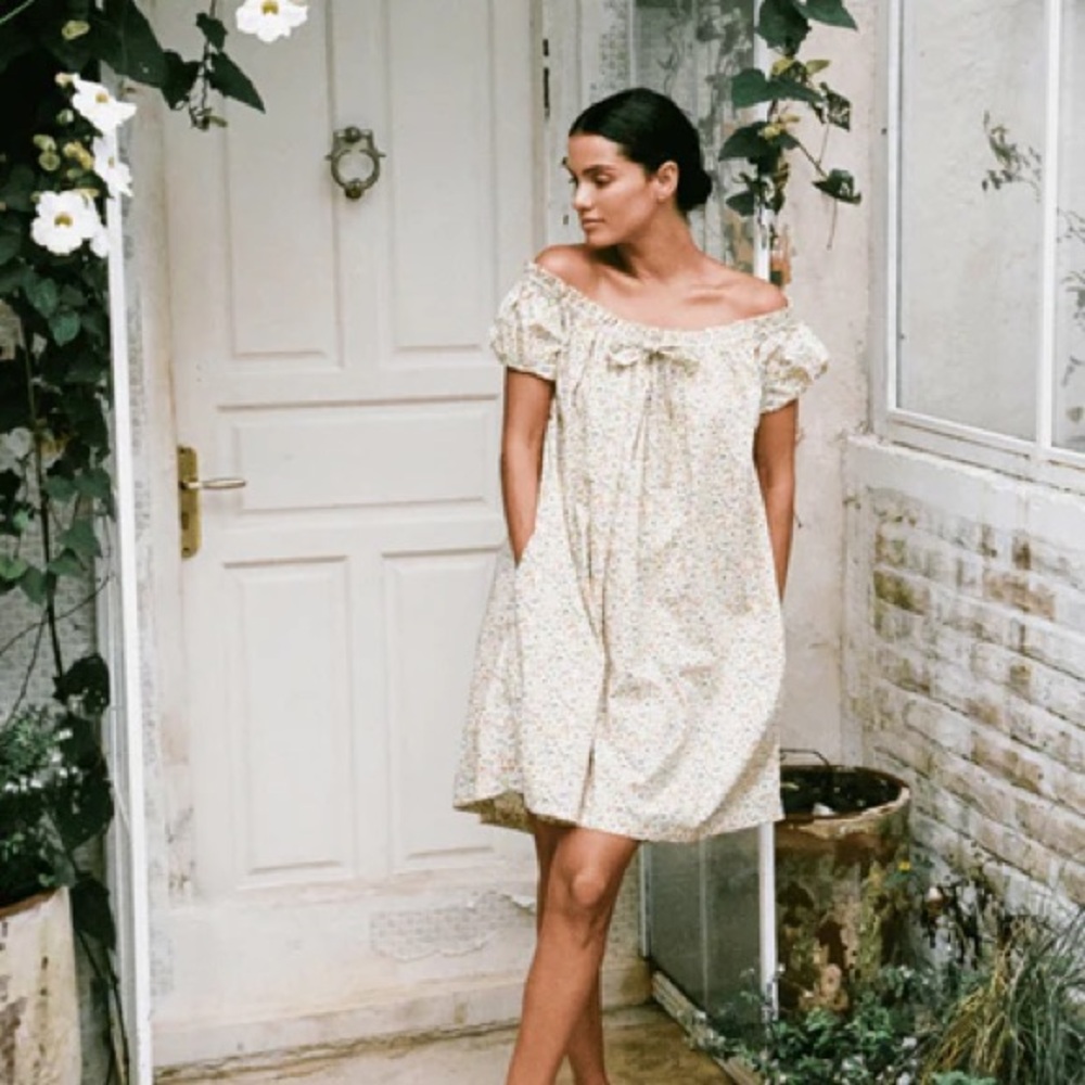 Piyama Floral Puff-Sleeve Dress in Light Yellow